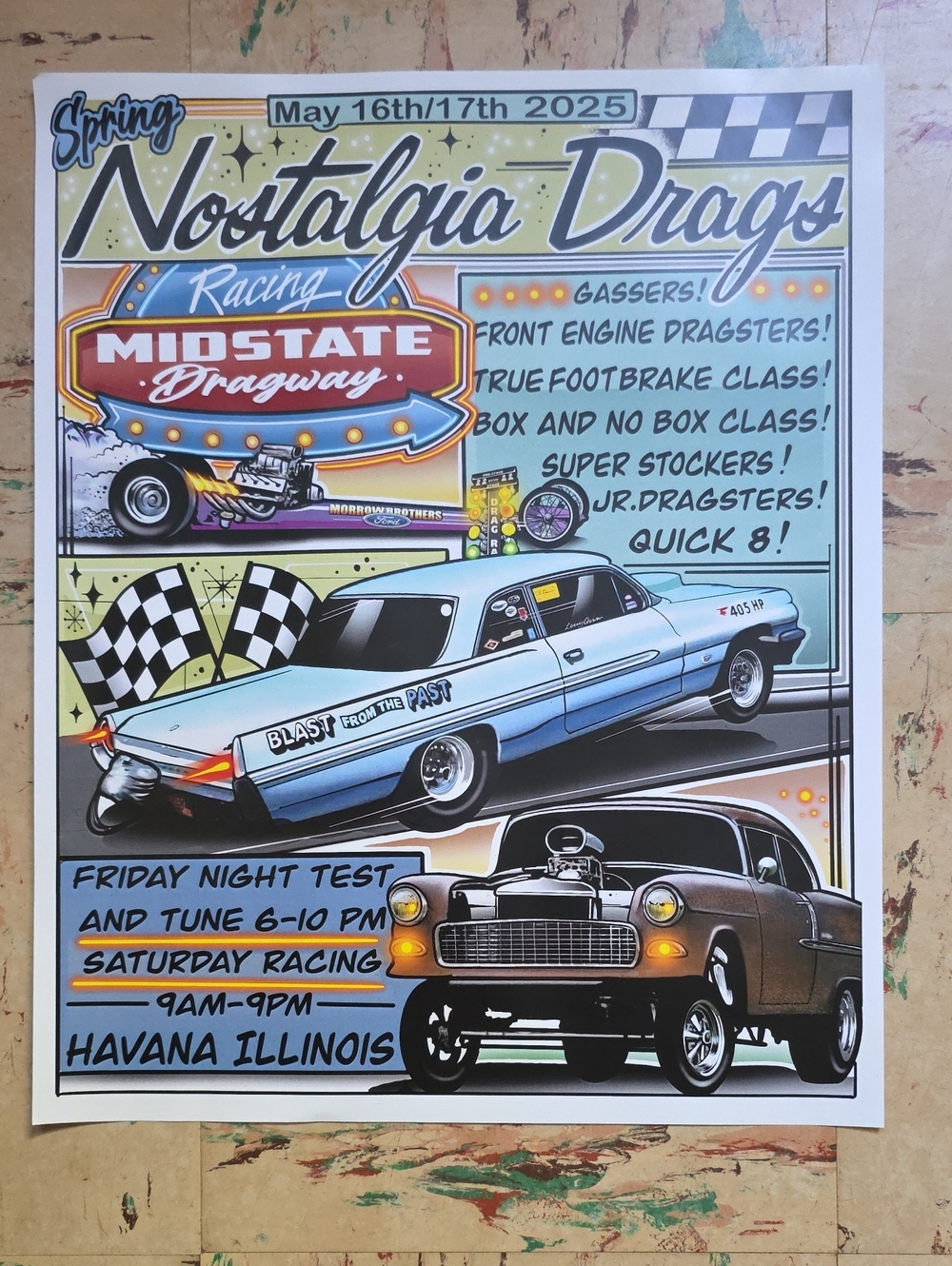 Nostalgia Drags Racing Poster — Retro Blue & Yellow